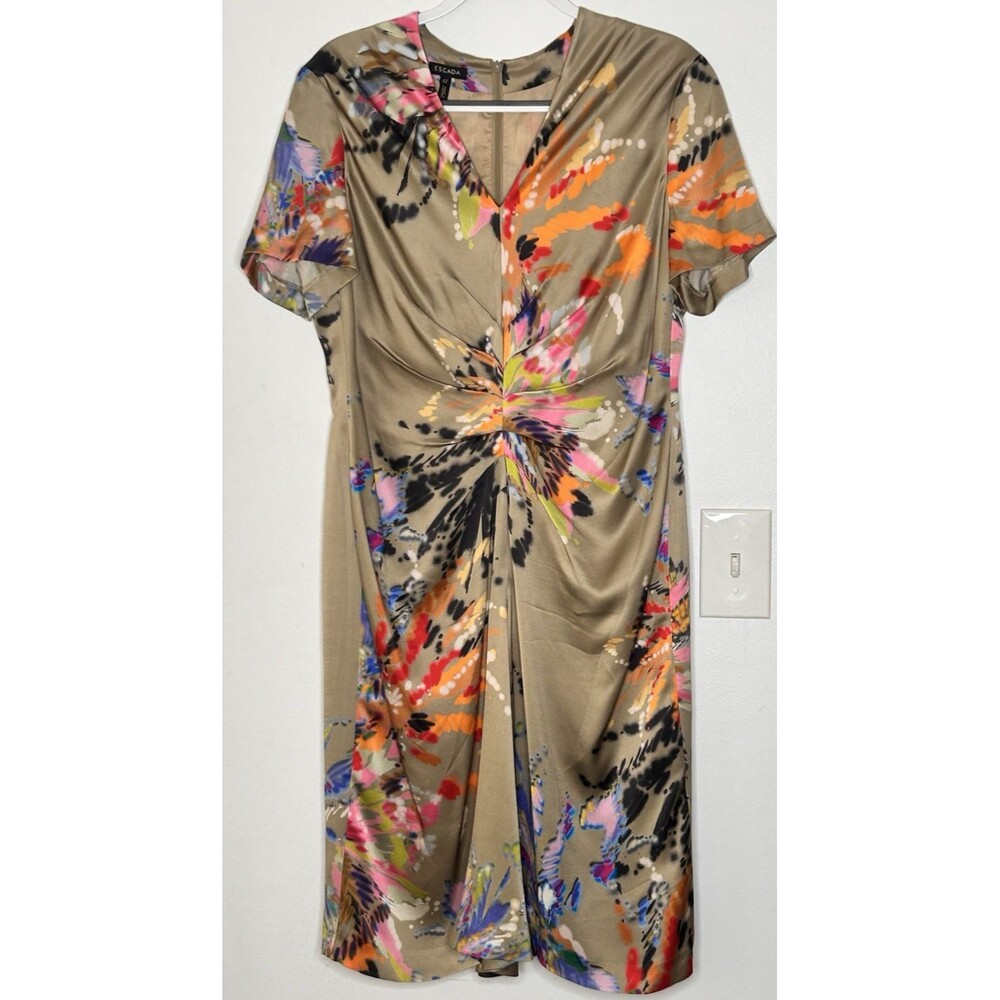ESCADA 100% Silk Fantasy Draped Sheath Dress size 42 short sleeve whimsy wedding
